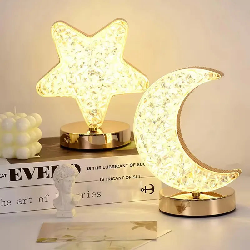 Luminária de mesa de cristal acrílico lua estrela luminária quarto luz aconchegante 3 níveis recarregável
