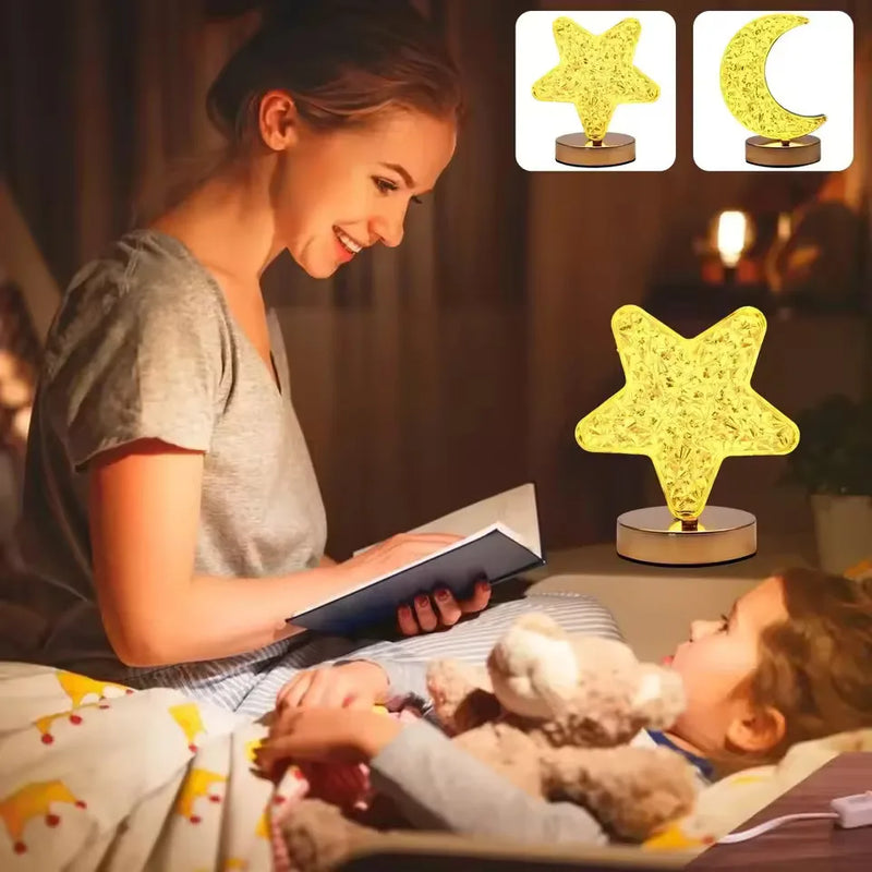 Luminária de mesa de cristal acrílico lua estrela luminária quarto luz aconchegante 3 níveis recarregável