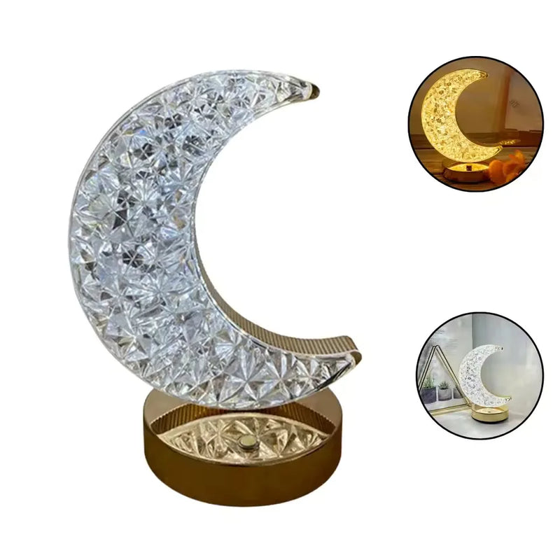Luminária de mesa de cristal acrílico lua estrela luminária quarto luz aconchegante 3 níveis recarregável