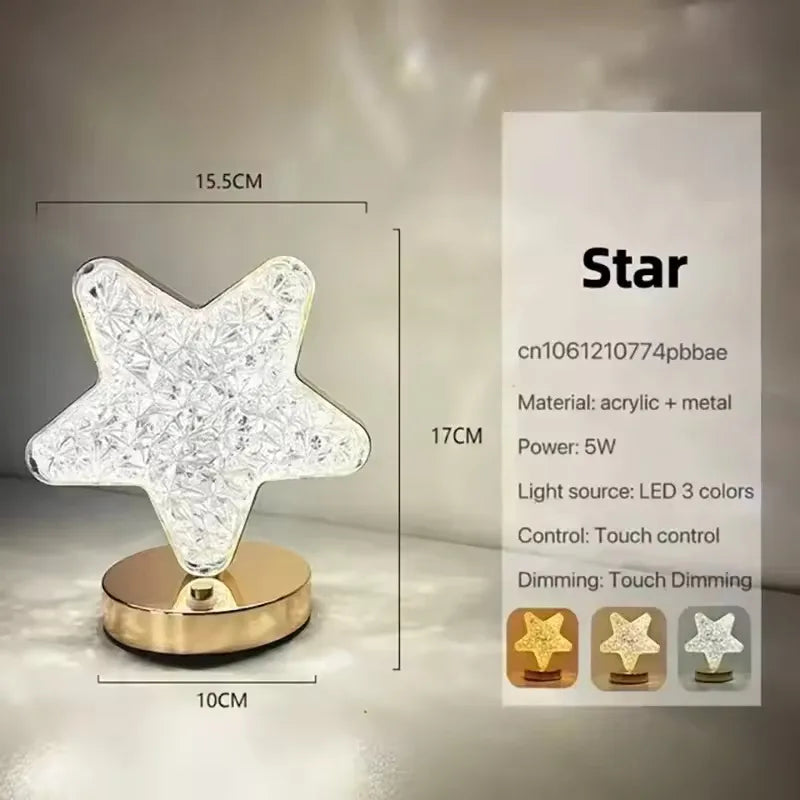 Luminária de mesa de cristal acrílico lua estrela luminária quarto luz aconchegante 3 níveis recarregável
